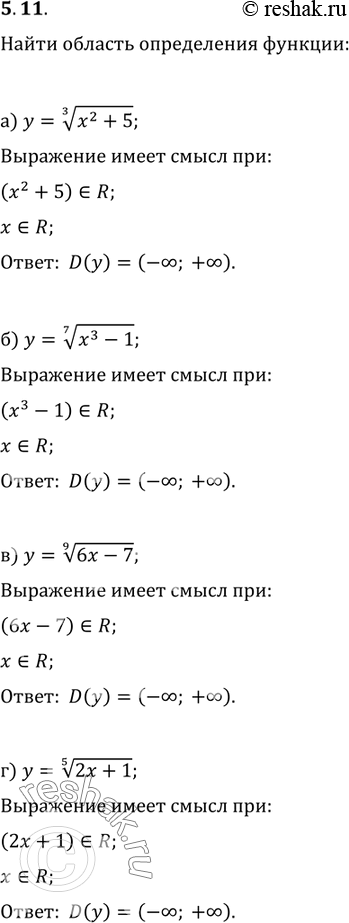 Изображение 5.11.	а)	у	=	корень 3 степени  х2 +	5;	в)	у	=	корень 9 степени  бх	-	7;б)	у	=	корень 7 степени  x3 -	1;	г)	у	=	корень 5 степени ...