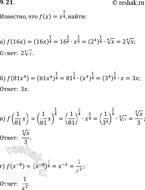 Изображение 9.21.	Известно, что f(x) = х1/4. Найдите:а) f(16х);б) f(81х4);в) f(1/81x);г)...