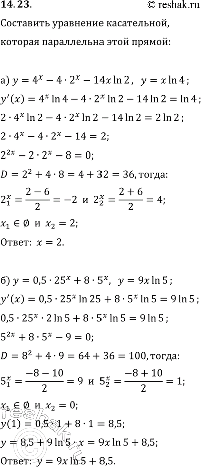 Изображение 14.23. а) Касательная к графику функции y=4^x-4·2^x-14xln(2) параллельна прямой y=xln(4). Найдите абсциссу точки касания.б) Касательная к графику функции...
