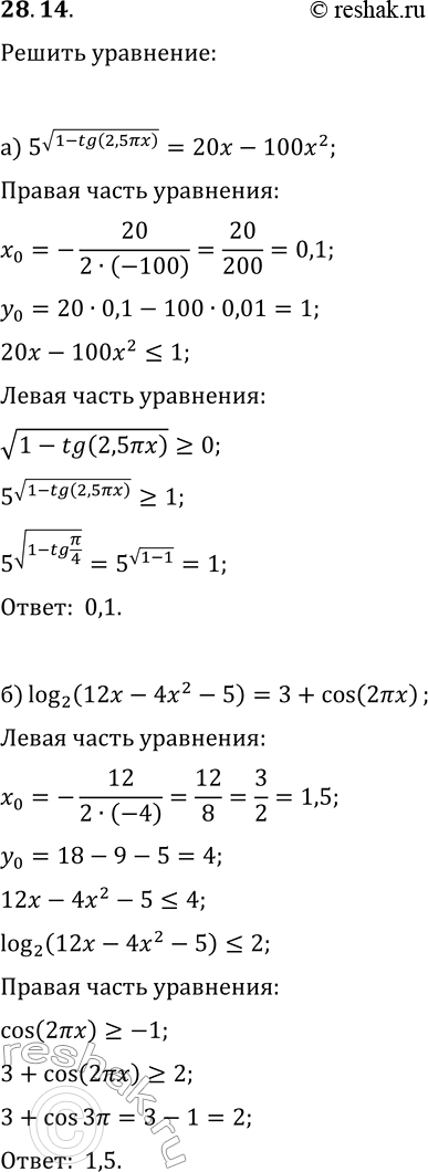 Изображение 28.14. Решите уравнение, используя функционально-графические методы:а) 5^v(1-tg(2,5?x))=20x-100x^2;б) log_2(12x-4x^2-5)=3+cos(2?x);в) 0,5x^2+16=2^(3+cos(?x));г)...