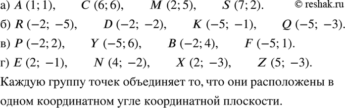 Изображение Найдите координаты точек, изображённых на рис. 2:а) А, С, М, S;	б) R, D, К, Q;	в) Р, У, В, F;г) Е, N, X, Z.Какой признак объединяет каждую группу...
