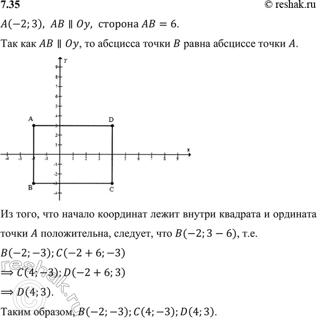 Изображение Длина стороны квадрата ABCD равна 6, а координаты вершины А равны (-2; 3). Найдите координаты остальных вершин, зная, что сторона АВ квадрата параллельна оси ординат и...