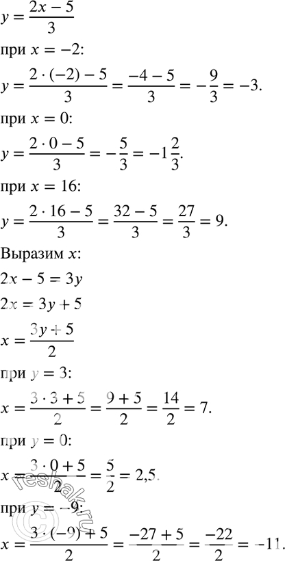 Изображение 105. Функция задана формулой у = (2x-5)/3. Найдите значение функции при х, равном -2; 0; 16. При каком х значение функции равно 3; 0;...