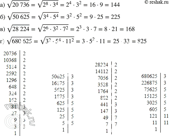 Изображение 403. Извлеките корень, представив подкоренное выражение в виде произведения простых множителей:а) корень 20 736; б) корень 50 625; в) корень 28 224; г) корень...