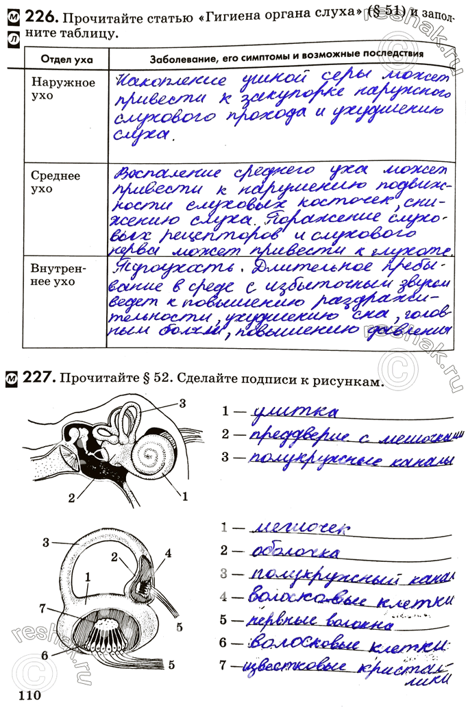 Изображение 226. Прочитайте статью «Гигиена органа слуха>> (§51) и заполните таблицу.Отдел уха	Заболевание, его симптомы и возможные последствияНаружное ухоСреднее...