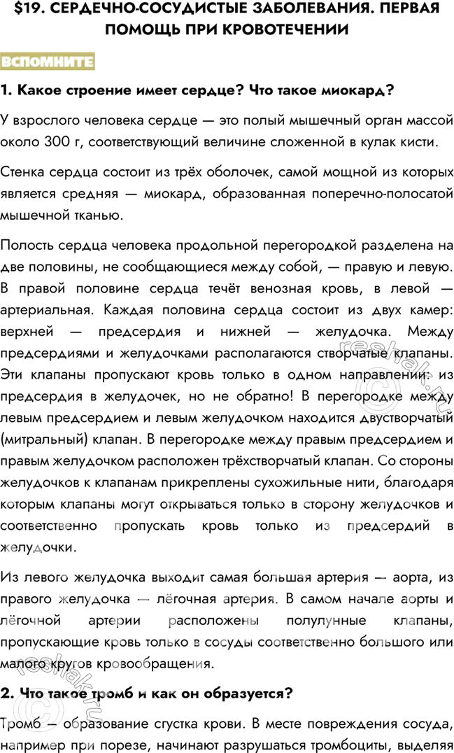 Изображение $19. СЕРДЕЧНО-СОСУДИСТЫЕ ЗАБОЛЕВАНИЯ. ПЕРВАЯ ПОМОЩЬ ПРИ КРОВОТЕЧЕНИИВСПОМНИТЕ1. Какое строение имеет сердце? Что такое миокард?У взрослого человека сердце — это...