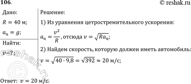 Изображение С какой скоростью автомобиль должен проходить середину выпуклого моста радиусом 40 м, чтобы центростремительное ускорение было равно ускорению свободного...
