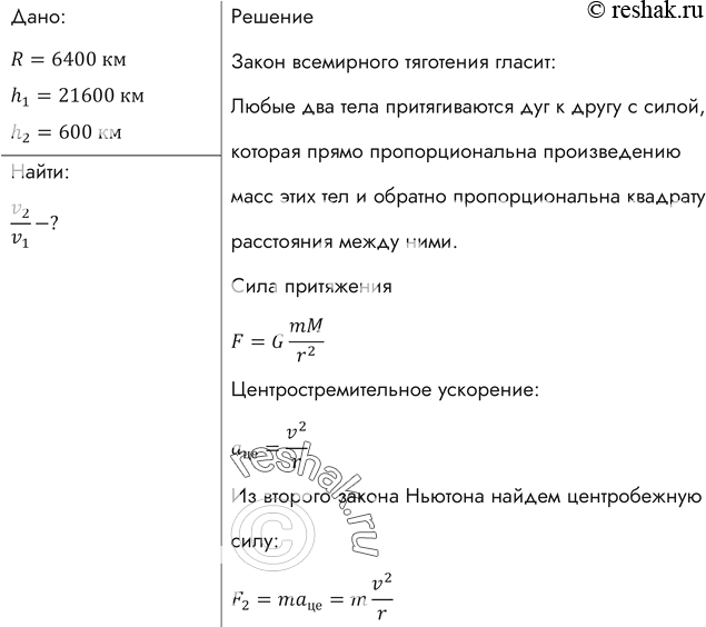 Изображение Во сколько раз отличается скорость искусственного спутника, движущегося на высоте 21 600 км от поверхности Земли, от скорости спутника, движущегося на высоте 600 км над...