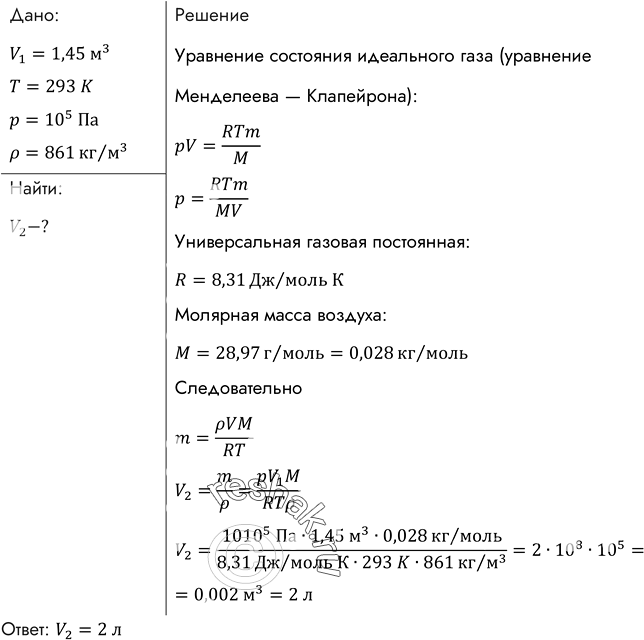 Изображение Воздух объемом 1,45 м3, находящийся при температуре 20 °С и давлении 100 кПа, перевели в жидкое состояние. Какой объем займет жидкий воздух, если его плотность 861...
