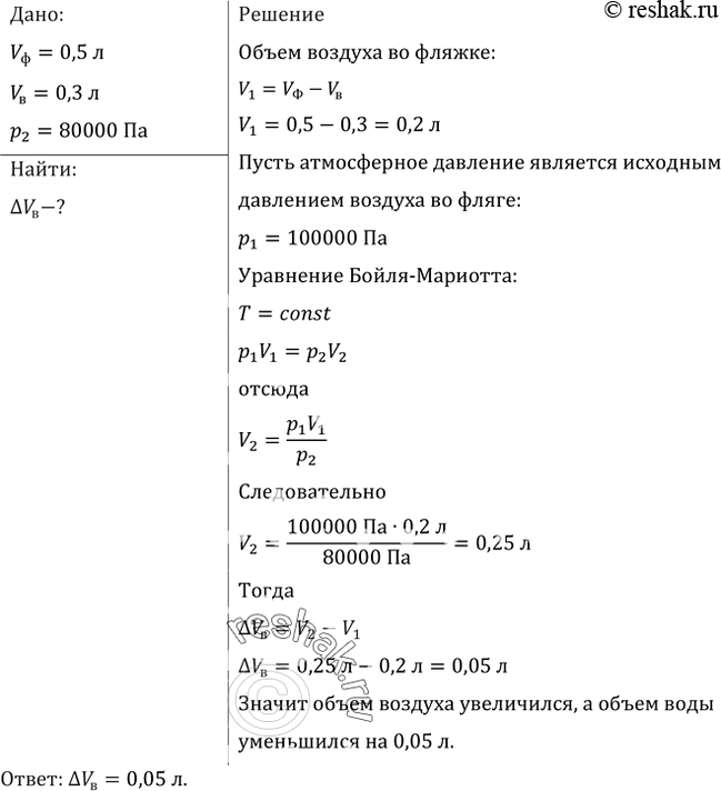 Изображение Во фляжке вместимостью 0,5 л находится 0,3 л воды. Турист пьет из нее воду, плотно прижав губы к горлышку так, что во фляжку не попадает наружный воздух. Сколько воды...