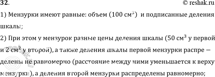 Изображение 32.	В чем состоит сходство и различие шкал мензурок, изображенных на рисунке 10?1) Мензурки имеют равные: объем (100 см^3 )   и подписанные деленияшкалы;2) При...