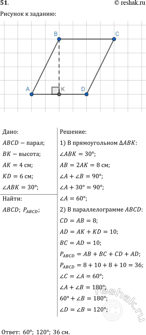Изображение 51. Высота ВК параллелограмма АВCD делит его сторону AD на отрезки АК и KD такие, что АК = 4 см, KD = 6 см. Найдите углы и периметр параллелограмма, если угол АВК =...