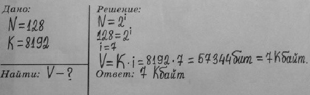 Изображение 3. Текст, содержащий 8192 знака (с пробелами), закодирован с помощью алфавита, содержащего 128 символов. Сколько килобайтов занимает в памяти этот текст?8192=2^131...