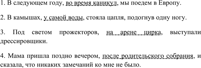 Изображение 401. Составьте и запишите предложения, используя данные слова в качестве уточ няющих обстоятельств.	1) Во время каникул; 2) у самой воды; 3) на арене цирка; 4) после...